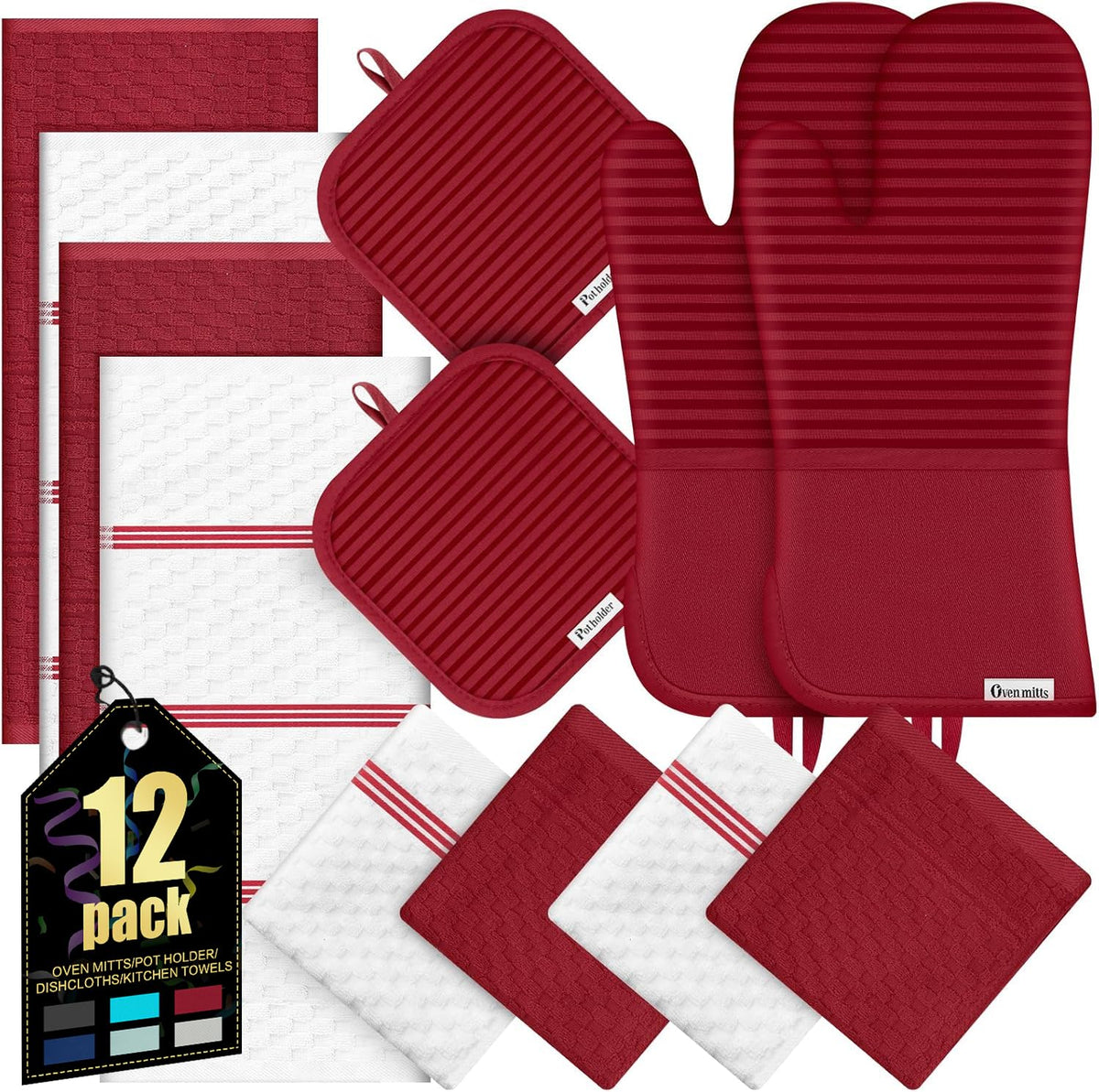 Oven Mitts Kitchen Towels and Dishcloths with Pot Holders Sets, Oven Gloves Hot Pads 500°F Heat Resistant with Silicone Grip, Include 2 Cooking Gloves/2 Potholders/4 Kitchen Towels/4 Dish Towels
