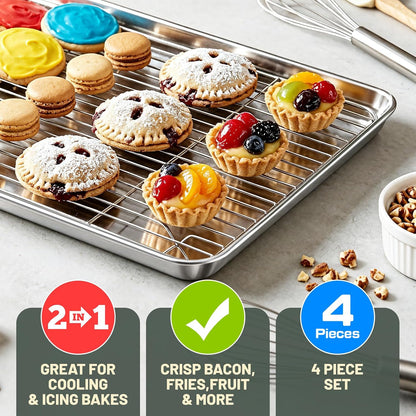 Baking Sheet with Rack Set (2 Pans + 2 Racks), 16 x 12 x 1 Inch Stainless Steel Cookie Sheet Baking Pan Tray with Cooling Rack, Jelly Roll Pan with Wire Rack, Warp Resistant & Heavy Duty & Rust Proof