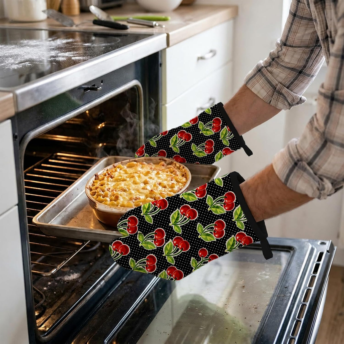 Retro Cherry Oven Mitts, Red Cherries and Polka Dots, Set of 2