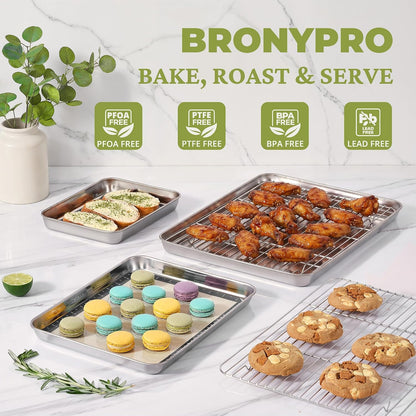 BRONYPRO 18/8 Stainless Steel Baking Sheet Set (3 Pans + 3 Mats+ 1 Rack)