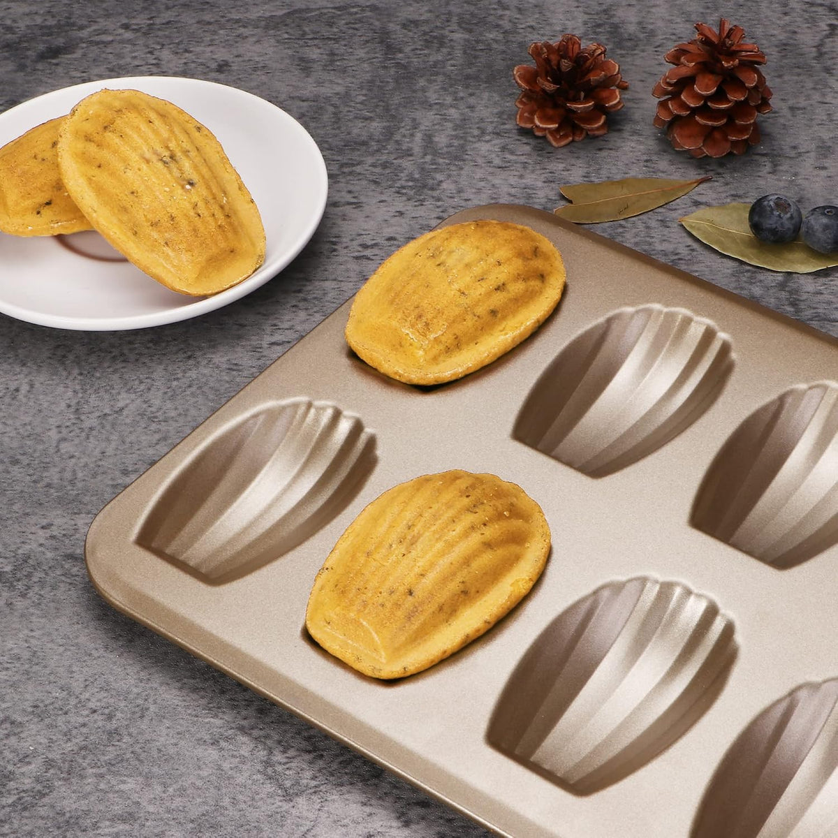 HONGBAKE Nonstick Madeleine Pan 2 Pack 12-Cavity Heavy Duty Madeleine Cookies Trays for Oven Baking, Warp Resistant Shell Shape Madeleine Mold Cake Pan, Champagne Gold