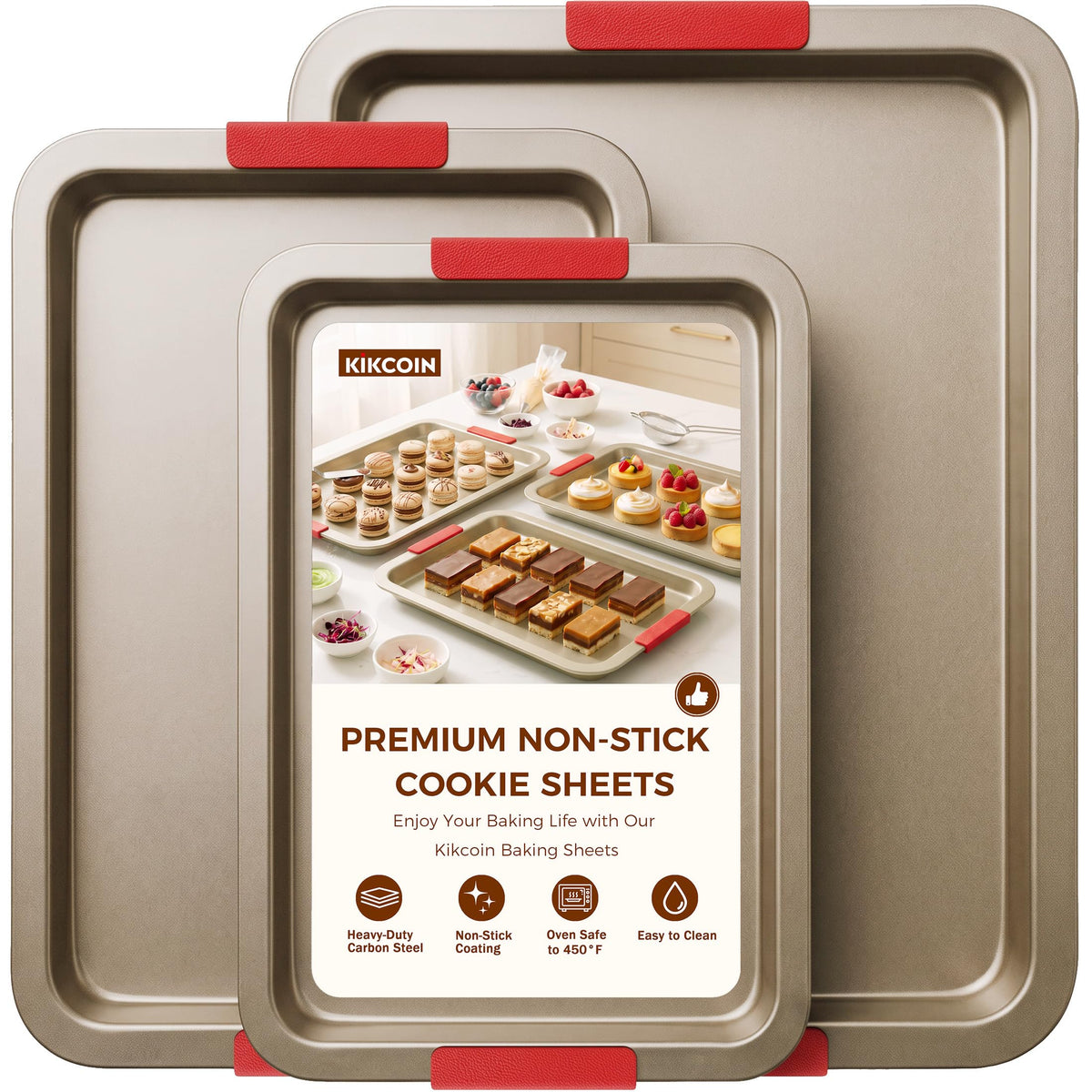 Kikcoin Nonstick Cookie Sheets for Baking, Set of 3, Carbon Steel, Gray