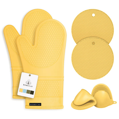 RORECAY Silicone Oven Mitts and Pot Holders Sets, Gloves for Kitchen, Beige