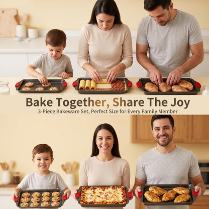 4-Piece Nonstick Carbon Steel Baking Sheet Set, Small Medium Large Rimmed Oven Pans with Red Heat-Resistant Silicone Handles & Bonus Spatula for Cookies, Cakes, Pizza & Home Baking