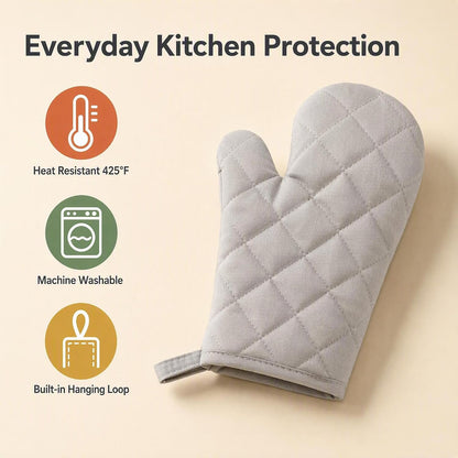 Oven Mitts 1 Pair, Heat Resistant Kitchen Gloves with Non-Slip Quilted Grip, Polyester & Cotton Blend, 11 x 6 Inch with Hanging Loop, for Baking Grilling BBQ Cooking, Gray