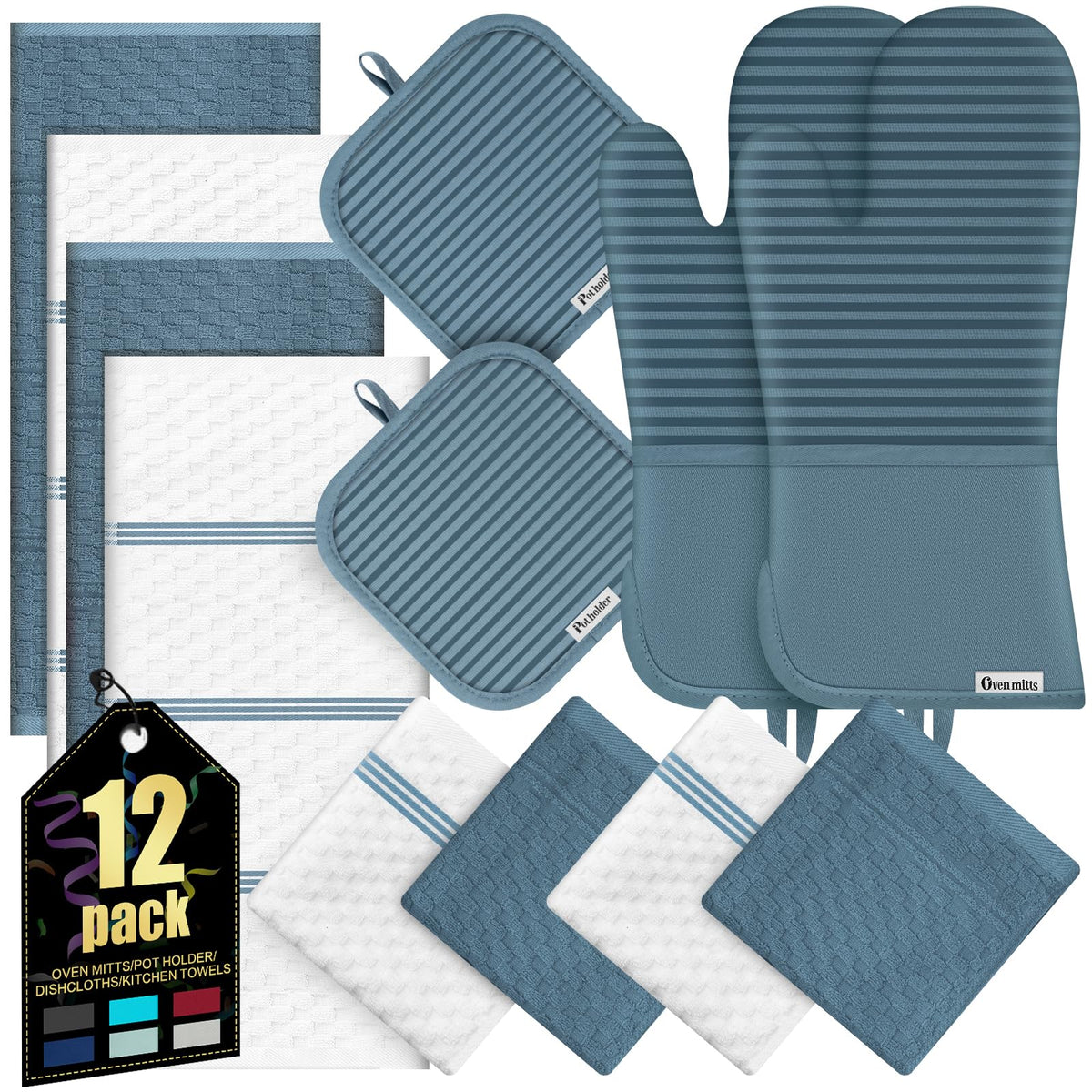 Oven Mitts Kitchen Towels and Dishcloths with Pot Holders Sets, Oven Gloves Hot Pads 500°F Heat Resistant with Silicone Grip, Include 2 Cooking Gloves/2 Potholders/4 Kitchen Towels/4 Dish Towels
