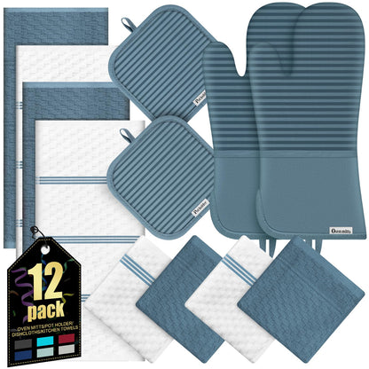 Oven Mitts Kitchen Towels and Dishcloths with Pot Holders Sets, Oven Gloves Hot Pads 500°F Heat Resistant with Silicone Grip, Include 2 Cooking Gloves/2 Potholders/4 Kitchen Towels/4 Dish Towels