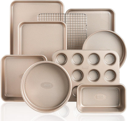 Baker's Secret 9 Piece Bakeware Set Nonstick, Baking Pans Set for Oven, Non Toxic Diamond Texture Carbon Steel, Includes Cookie Sheets, Cake Pan, Muffin Pan, Loaf Pan & Cooling Rack, Gold