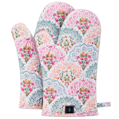 BONTHEE Oven Mitt Extra Long Cotton Cooking Kitchen Mitts with Non-Slip Striped Oven Mitts for Cooking Baking Grilling - 2PCS