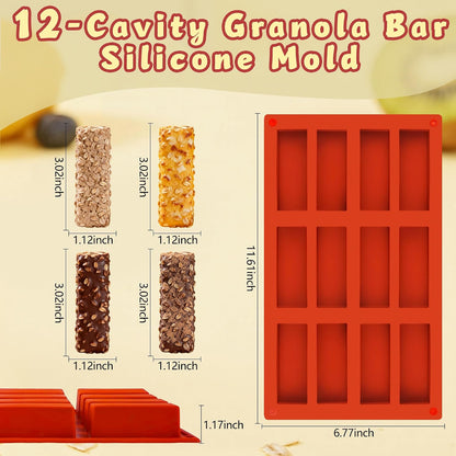 3Pcs Silicone Granola Bar Mold, 12-Cavity Rectangle Silicone Chocolate Bar Mold for Baking Chocolate Bars, Non-stick Candy Chocolate Bar Mold for Truffle, Ganache, Cheesecake, Butter