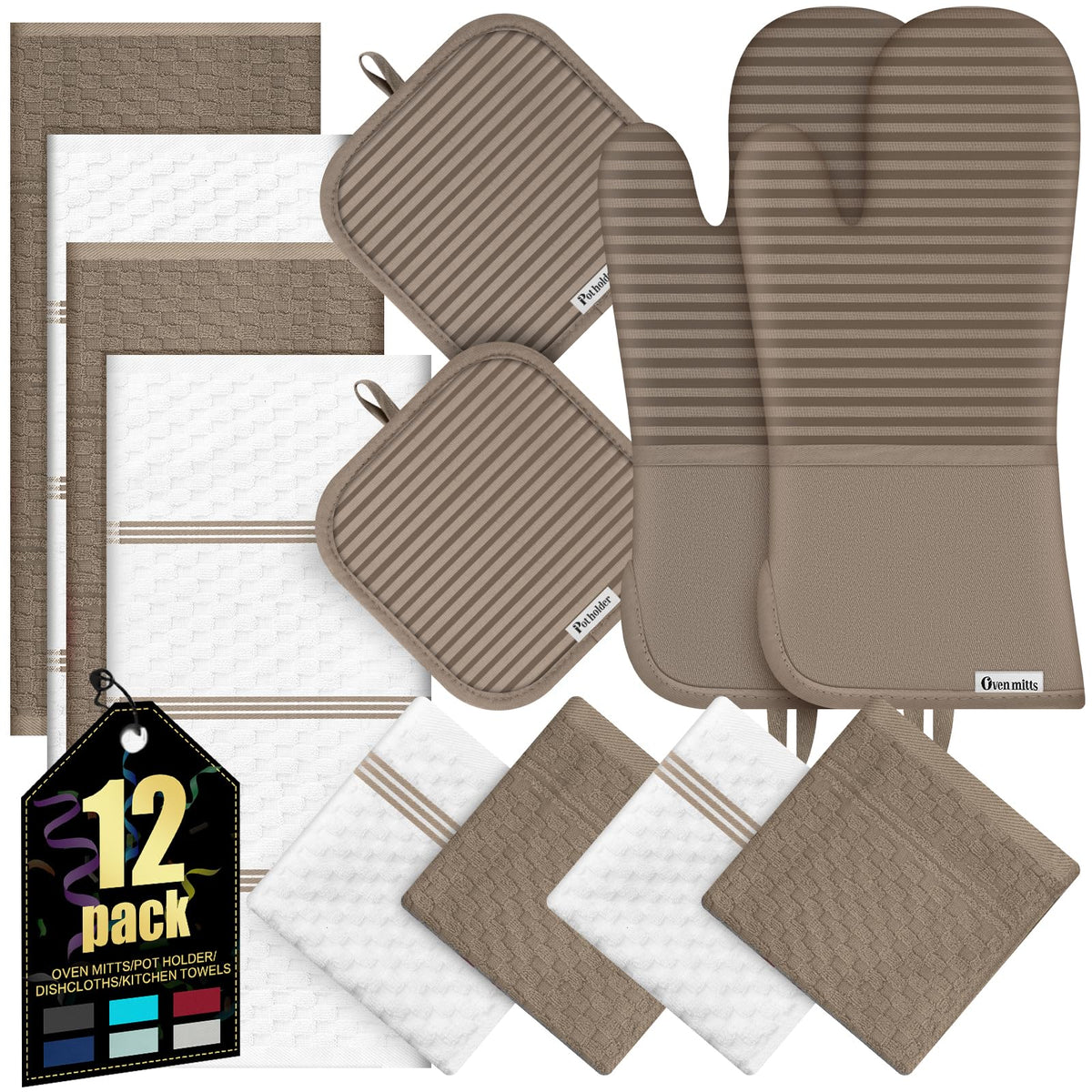 Oven Mitts Kitchen Towels and Dishcloths with Pot Holders Sets, Oven Gloves Hot Pads 500°F Heat Resistant with Silicone Grip, Include 2 Cooking Gloves/2 Potholders/4 Kitchen Towels/4 Dish Towels