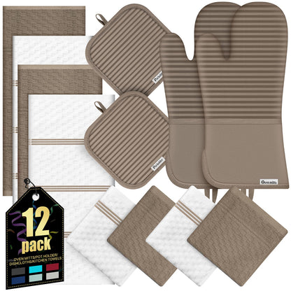 Oven Mitts Kitchen Towels and Dishcloths with Pot Holders Sets, Oven Gloves Hot Pads 500°F Heat Resistant with Silicone Grip, Include 2 Cooking Gloves/2 Potholders/4 Kitchen Towels/4 Dish Towels