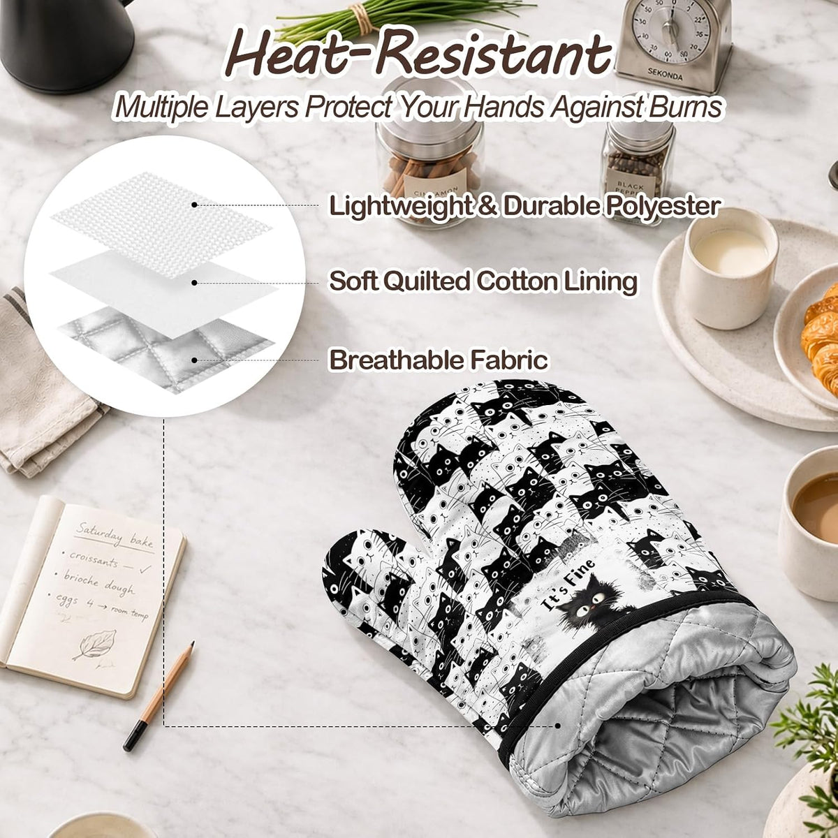 Black Cat Oven Mitts and Pot Holders Sets 3PCS, Cat Silicone Heat Resistant Oven Mitts Birthday Gifts for Cats Lover, Cute Cats Pot Holder Non-Slip Silicone Oven Gloves for Mom Wife Sister BFF