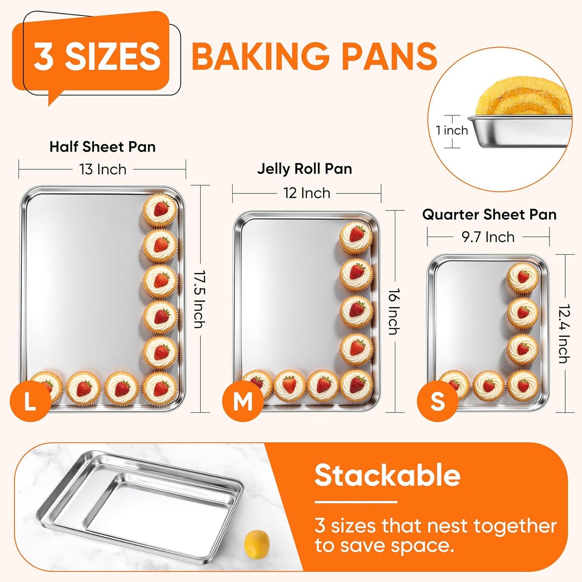 LIANYU Baking Sheet Pans, Half Sheet/Jelly Roll/Quarter Sheet, 3 Pack