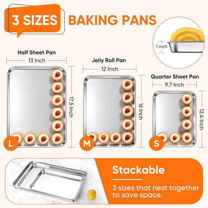 LIANYU Baking Sheet Pans, Half Sheet/Jelly Roll/Quarter Sheet, 3 Pack
