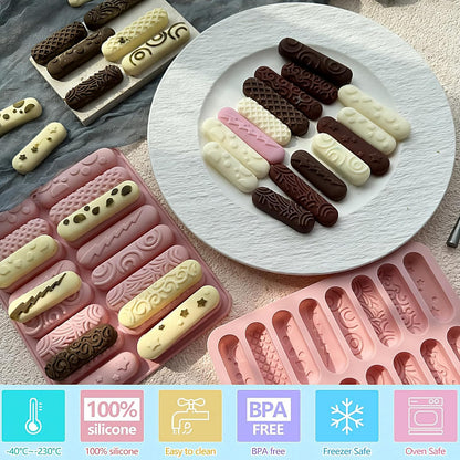 2 PCS Finger Biscuit Silicone Chocolate Molds 16 Cavities Cereal Bars Baking Mould, Non-stick Chocolate Bar Mold, for Cnady, Eclair, Bread, Muffin, Soap, Resin, crayon DIY Crafts