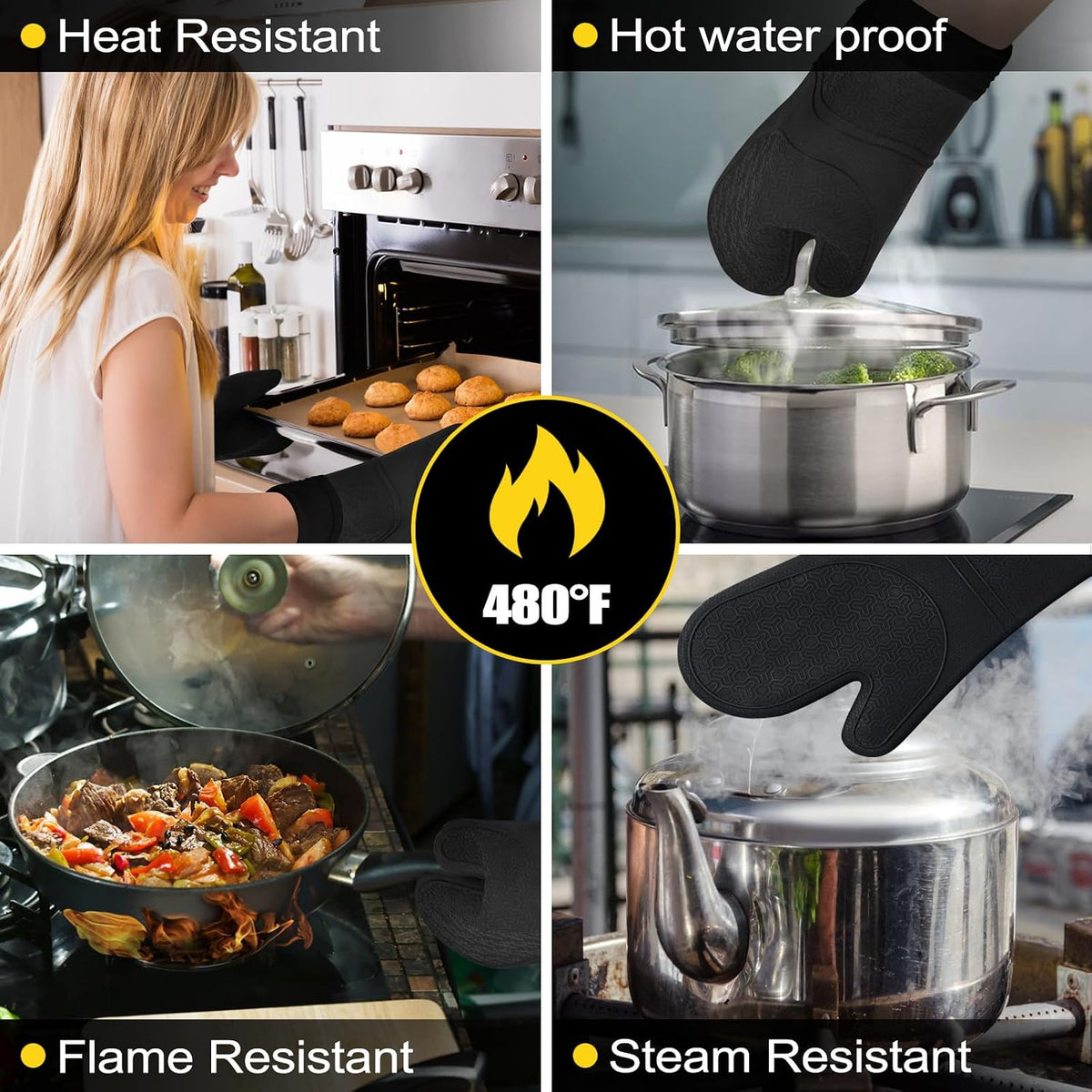 8PCS Oven Mitts and Pot Holders Sets - 480°F Heat Resistant Pot Holders and Oven Mitts, 14.5" Extra Long Silicone Oven Mitts for Cooking, Non-Slip Oven Mitt with Soft Cotton Lining, Black
