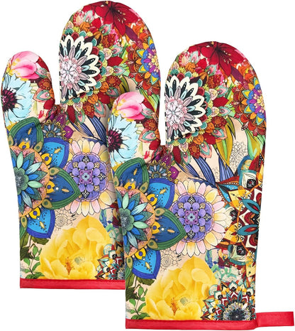 2Pcs Boho Floral Cotton Oven Mitts Heat Resistant Kitchen Gloves with Loop