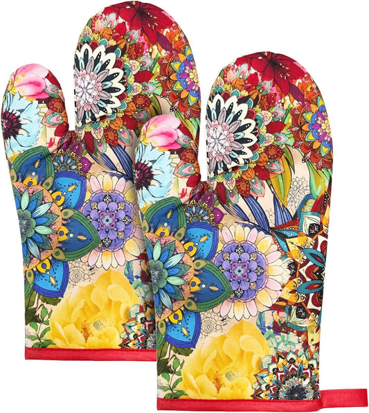 2Pcs Boho Floral Cotton Oven Mitts Heat Resistant Kitchen Gloves with Loop