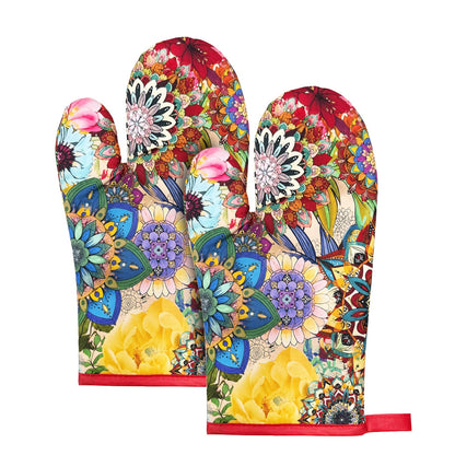 2Pcs Boho Floral Cotton Oven Mitts Heat Resistant Kitchen Gloves with Loop