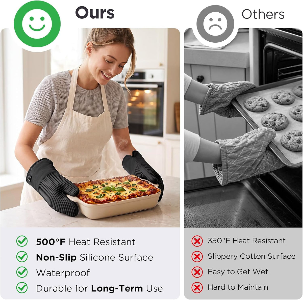 BONTHEE Silicone Oven Mitts Heat Resistant Kitchen Oven Gloves - Black