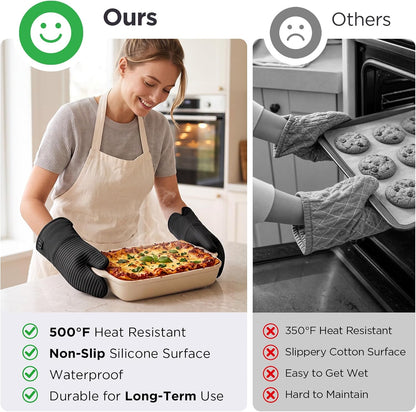 BONTHEE Silicone Oven Mitts Heat Resistant Kitchen Oven Gloves - Black