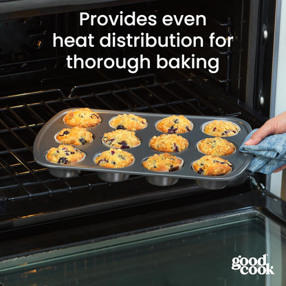 GoodCook Everyday Nonstick Steel Muffin Pan, 12 cup, Gray