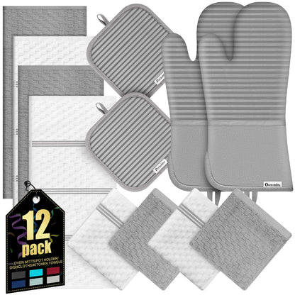 Oven Mitts Kitchen Towels and Dishcloths with Pot Holders Sets, Oven Gloves Hot Pads 500°F Heat Resistant with Silicone Grip, Include 2 Cooking Gloves/2 Potholders/4 Kitchen Towels/4 Dish Towels