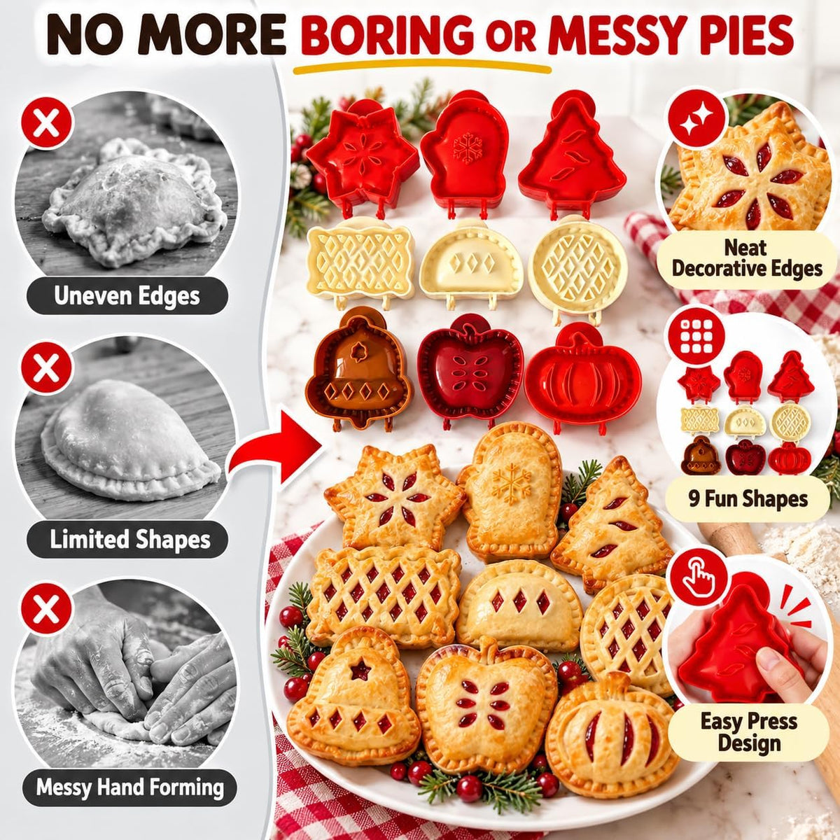 9 Pack Mini Pie Molds Set, ABS+PP Hand Pie Press Molds for Holiday Baking