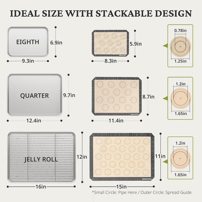 BRONYPRO 18/8 Stainless Steel Baking Sheet Set (3 Pans + 3 Mats+ 1 Rack)