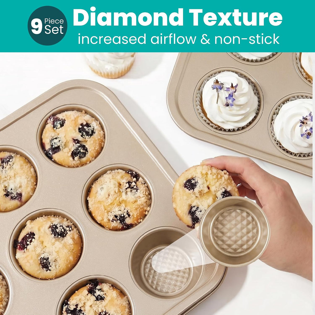 Baker's Secret 9 Piece Bakeware Set Nonstick, Baking Pans Set for Oven, Non Toxic Diamond Texture Carbon Steel, Includes Cookie Sheets, Cake Pan, Muffin Pan, Loaf Pan & Cooling Rack, Gold