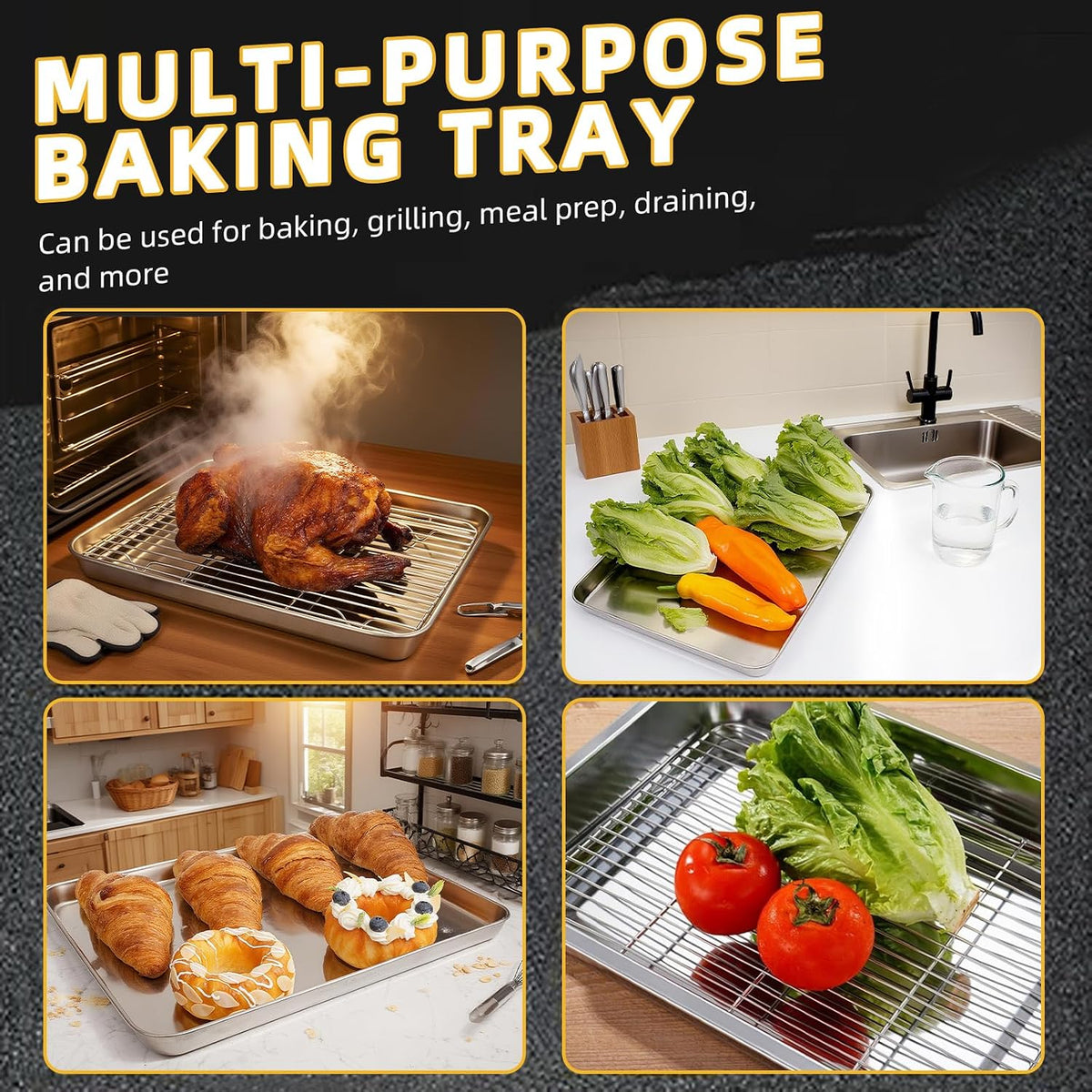 4 PCS Stainless Steel Baking Sheet Set 10/12/16 Inch with Cooling Rack