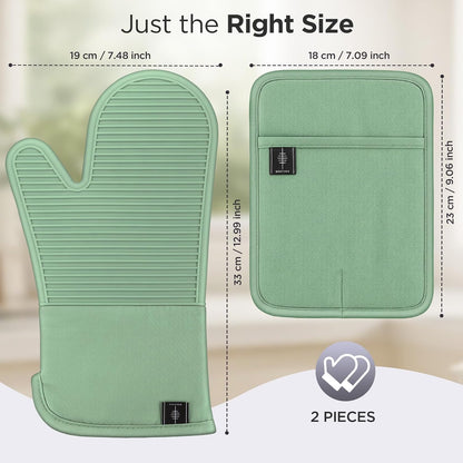 BONTHEE Oven Mitts and Pot Holders 4pcs Set, Silicone Kitchen Mitts - Green