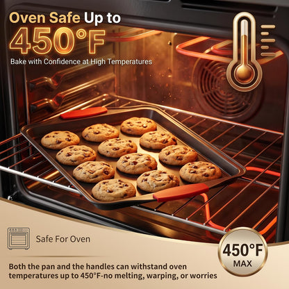 4-Piece Nonstick Carbon Steel Baking Sheet Set, Small Medium Large Rimmed Oven Pans with Red Heat-Resistant Silicone Handles & Bonus Spatula for Cookies, Cakes, Pizza & Home Baking