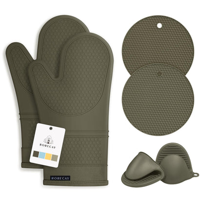 RORECAY Silicone Oven Mitts and Pot Holders Sets, Gloves for Kitchen, Beige