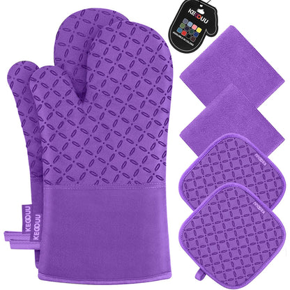 KEGOUU Oven Mitts and Pot Holders 6pcs Set, Kitchen Oven Glove High Heat Resistant 500 Degree Extra Long Oven Mitts and Potholder with Non-Slip Silicone Surface for Cooking (Grey)