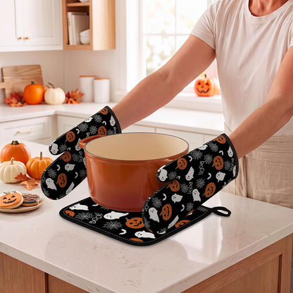 Halloween Pumpkin Ghost 4PC Oven Mitts Pot Holders Set Heat Resistant