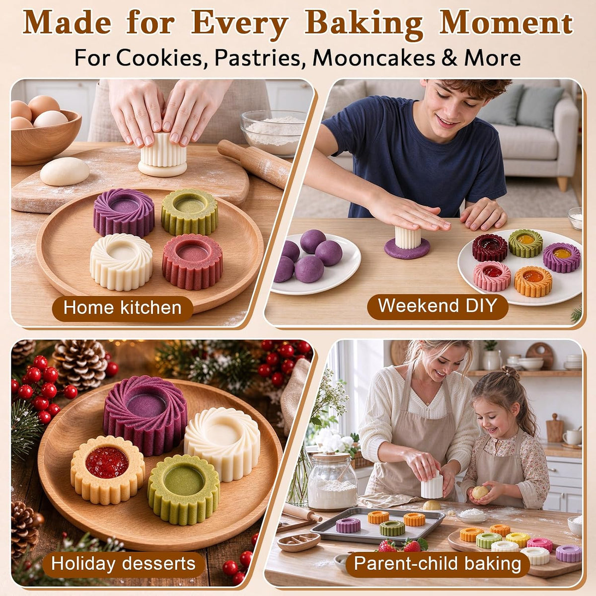 4 Pcs Sunflower Patterned Round Hand-Press Mooncake Mold Cookie Shaper