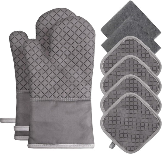 Oven Mitts and Pot Holders Set, 8 Piece Oven Gloves with Silicone Grip, Cotton Pot Holders and Kitchen Towels, Heat Resistant to 500°F, Machine Washable, Kitchen Set for Cooking, Baking