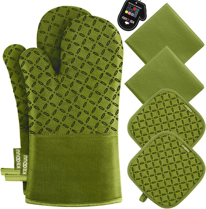 KEGOUU Oven Mitts and Pot Holders 6pcs Set, Kitchen Oven Glove High Heat Resistant 500 Degree Extra Long Oven Mitts and Potholder with Non-Slip Silicone Surface for Cooking (Grey)
