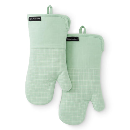 KITCHENAID Gourmet Series Gridlines Oven Mitts 2-Pack Set, Heat Resistant up to 600°F, Soft Silicone Grip, Magnetic Cuff, Ink Blue, 7"x14"