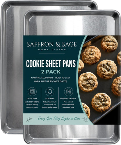 Commercial Quality Cookie Sheet Pan - 2 Pack Aluminum Half Sheet Baking Pan by Saffron & Sage Home Living - This 18x13 Rimmed Baking Sheet Set is Rust & Warp Resistant, Heavy Duty, of Thick Gauge