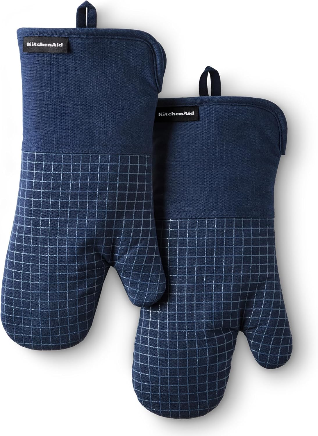 KITCHENAID Gourmet Series Gridlines Oven Mitts 2-Pack Set, Heat Resistant up to 600°F, Soft Silicone Grip, Magnetic Cuff, Ink Blue, 7"x14"