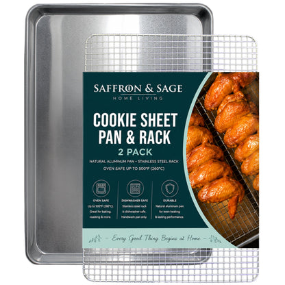 Commercial Quality Cookie Sheet Pan - 2 Pack Aluminum Half Sheet Baking Pan by Saffron & Sage Home Living - This 18x13 Rimmed Baking Sheet Set is Rust & Warp Resistant, Heavy Duty, of Thick Gauge