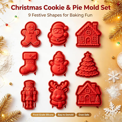 Christmas Mini Pie Molds Set of 9, Gingerbread Man Santa Claus House Stocking Shapes, Hand‑Held Small Pie Moulds for Christmas Baking, Holiday Pastry Dough Press Cutter