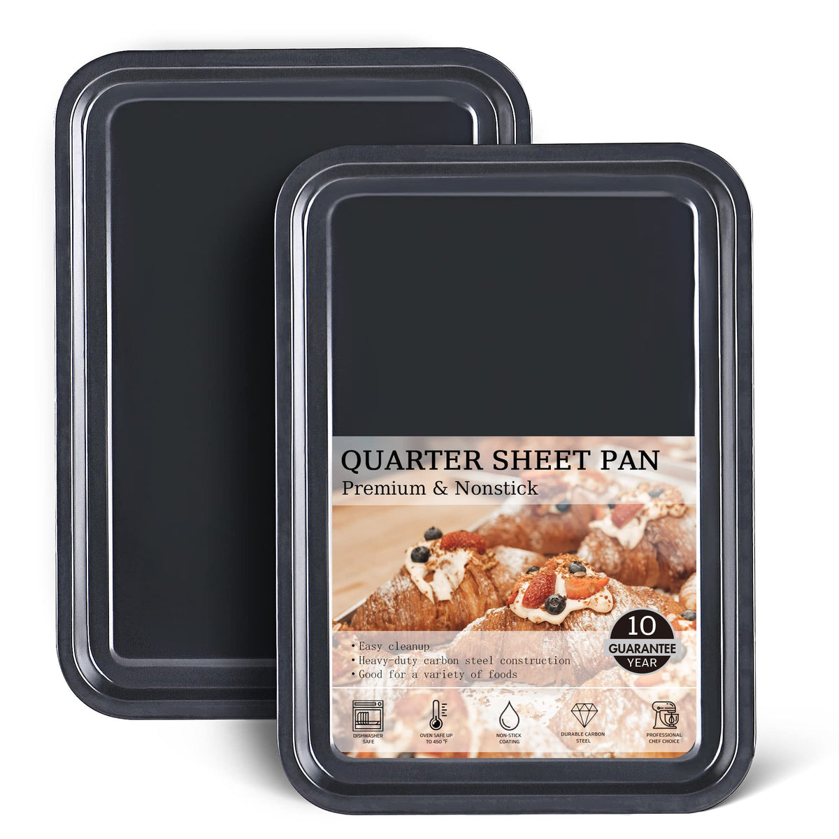 HONGBAKE 2 Pack 11 x 9 Inch Toaster Oven Pans and Trays, Small Baking Sheet Set for Cooking, Non-Stick Cookie Sheets, Heavy-Duty 0.8mm Thick, Easy to Clean, 1.26 Inch Deep, Gold