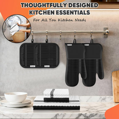 Oven Mitts Kitchen Towels and Dishcloths with Pot Holders Sets, Oven Gloves Hot Pads 500°F Heat Resistant with Silicone Grip, Include 2 Cooking Gloves/2 Potholders/4 Kitchen Towels/4 Dish Towels