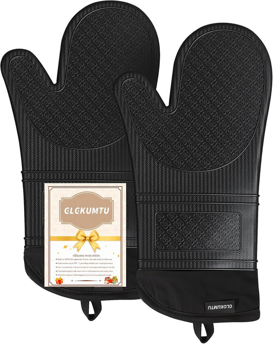 Silicone Oven Mitts, Extra Long Heat Resistant Oven Gloves, Black