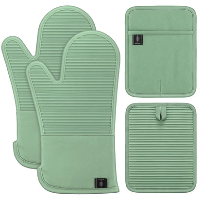 BONTHEE Oven Mitts and Pot Holders 4pcs Set, Silicone Kitchen Mitts - Green