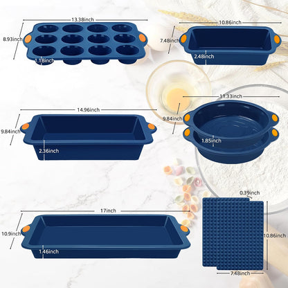 To encounter 8 in 1 Silicone Baking Set - 6 Cake Molds - 2 Silicone Baking Mat, Nonstick Cookie Sheet, Cake Muffin Bread Pan with Grips and Metal Reinforced Frame More Strength, Navy Blue